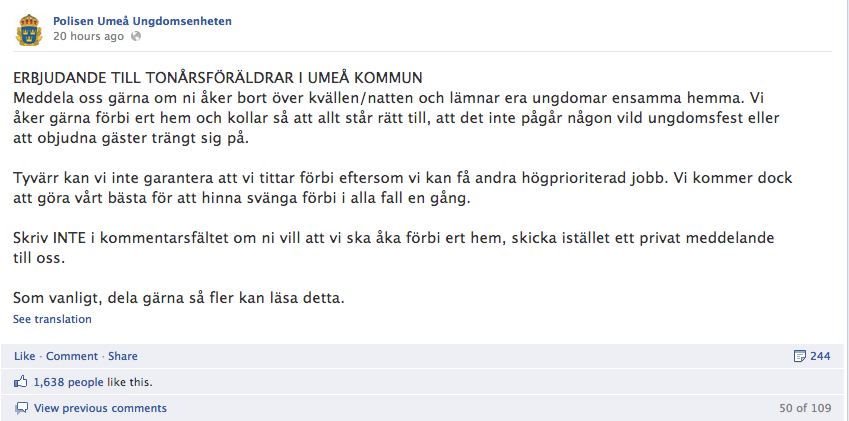Det här meddelandet postade Umeåpolisen på sin Facebooksida i lördags.